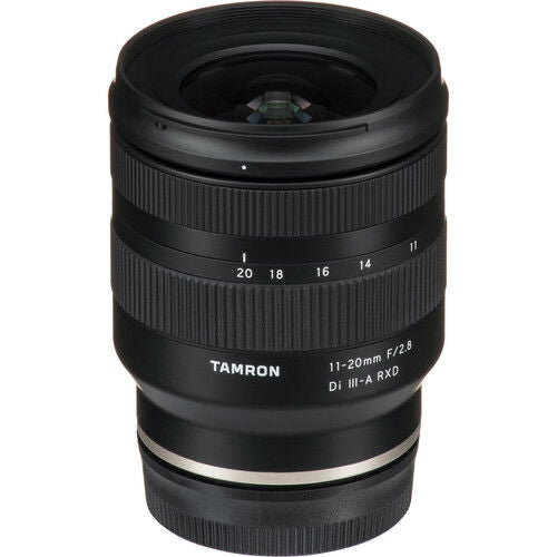 11-20mm F/2.8 ultrawide zoom lens for Sony E, angled front view with visible glass element