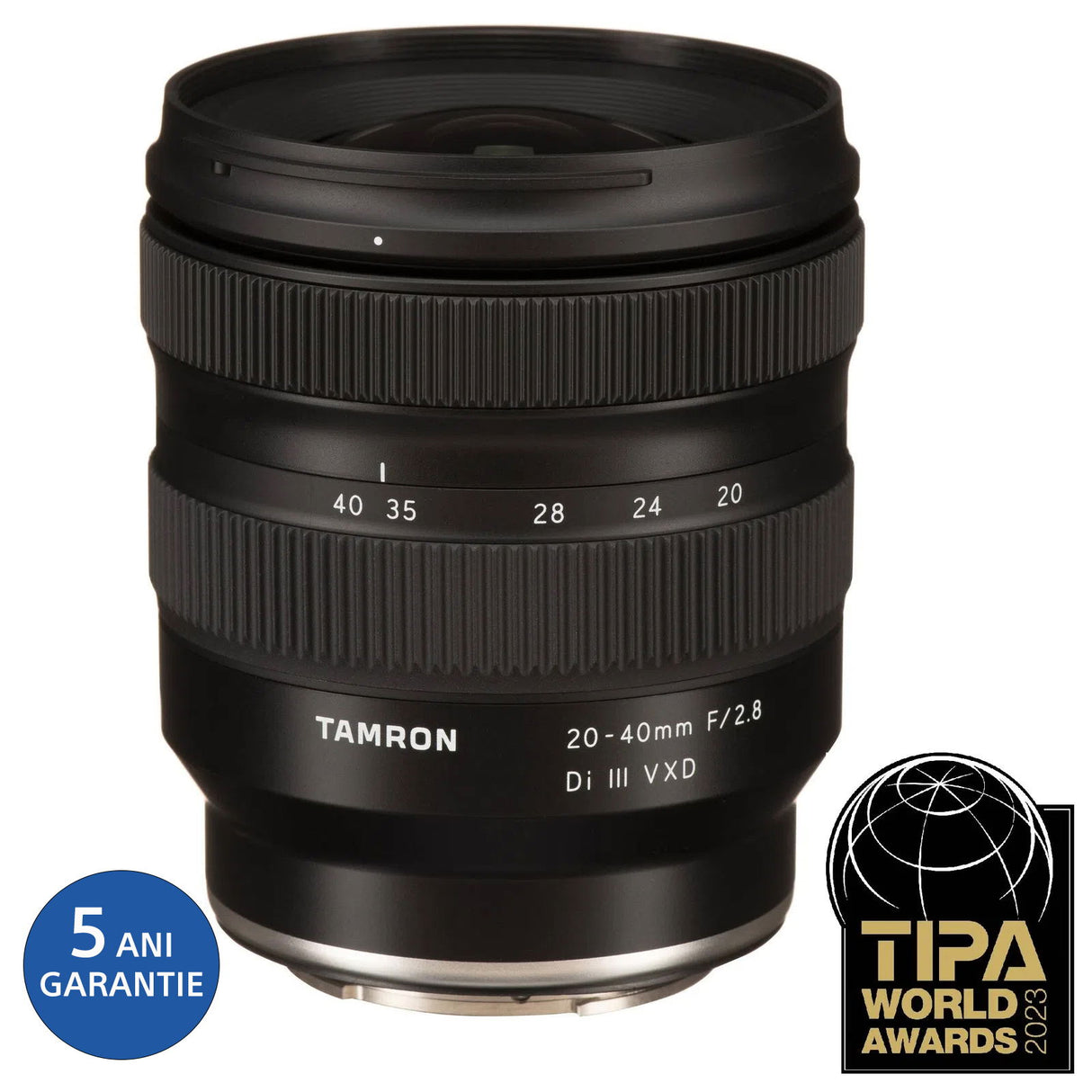 Tamron 20-40mm f/2.8 lens barrel with zoom scale markings, black