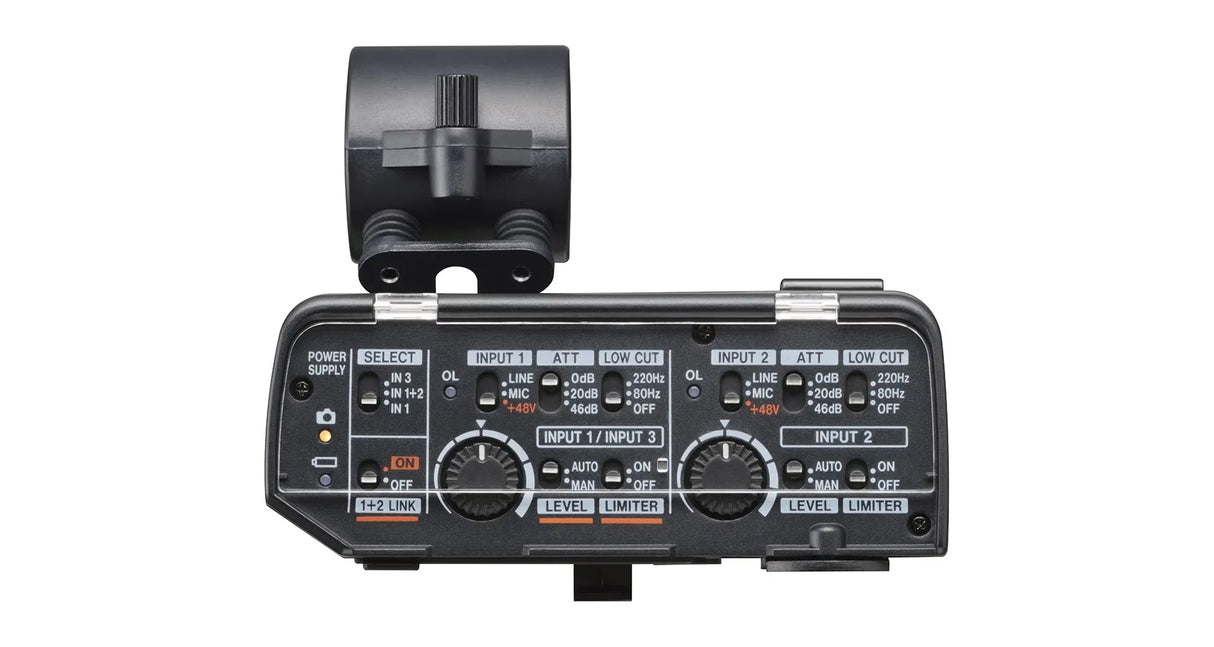 Back panel of XLR audio adapter with input channels and level controls, black