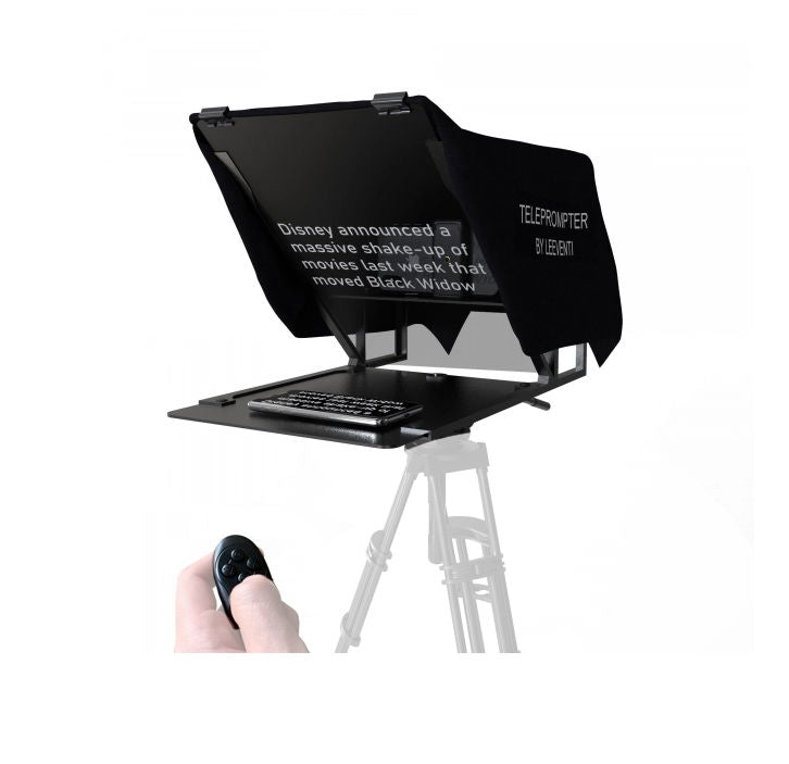 Teleprompter negru pentru smartphone/tabletă, cu panou rabatabil și platformă