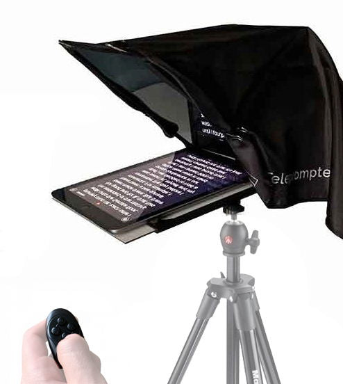 Teleprompter negru deschis, cu telecomandă și platformă pentru dispozitiv