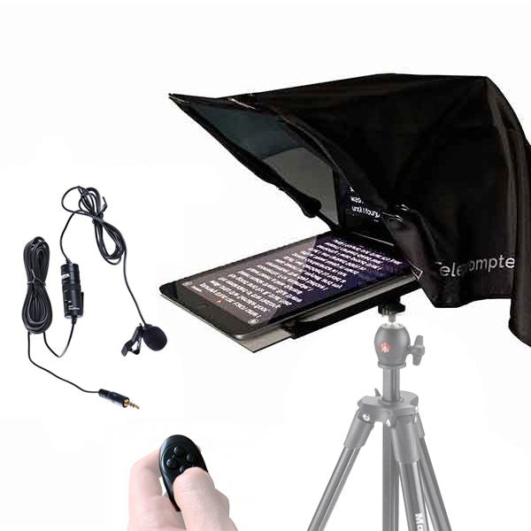 Teleprompter pliabil cu microfon lavalier și cabluri, deschis pe trepied