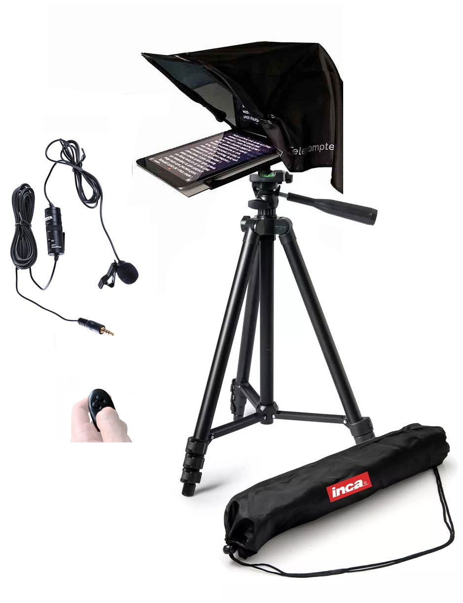 Teleprompter pe trepied cu lavalieră, receptor și cablu, ecran deschis