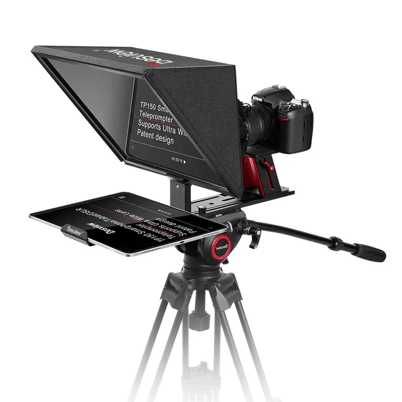 15-inch teleprompter display on tripod mount with beamsplitter frame and clamp