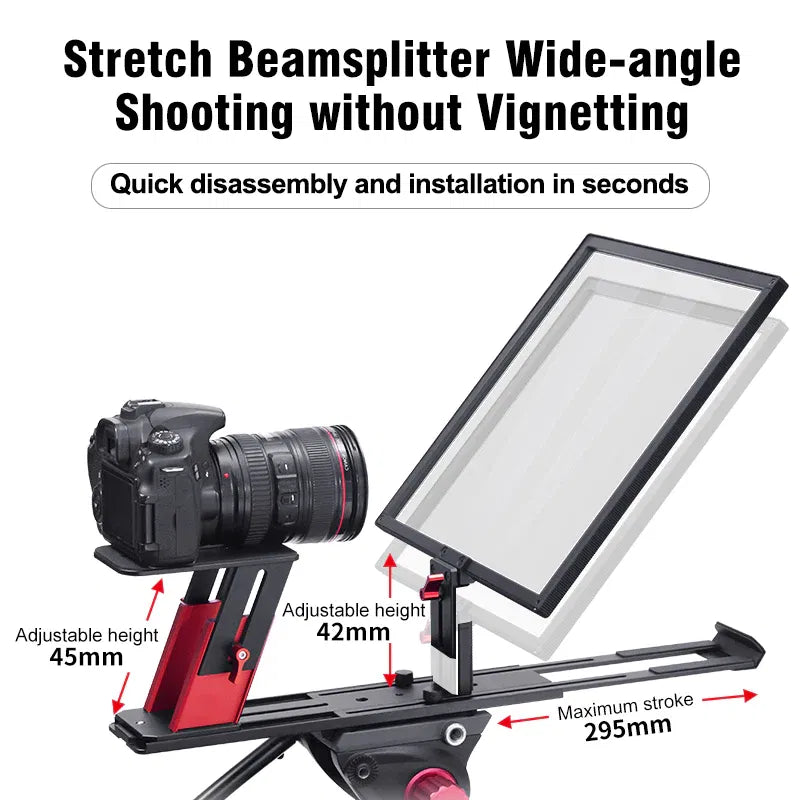 Teleprompter beamsplitter wide-angle panel over camera on adjustable red base