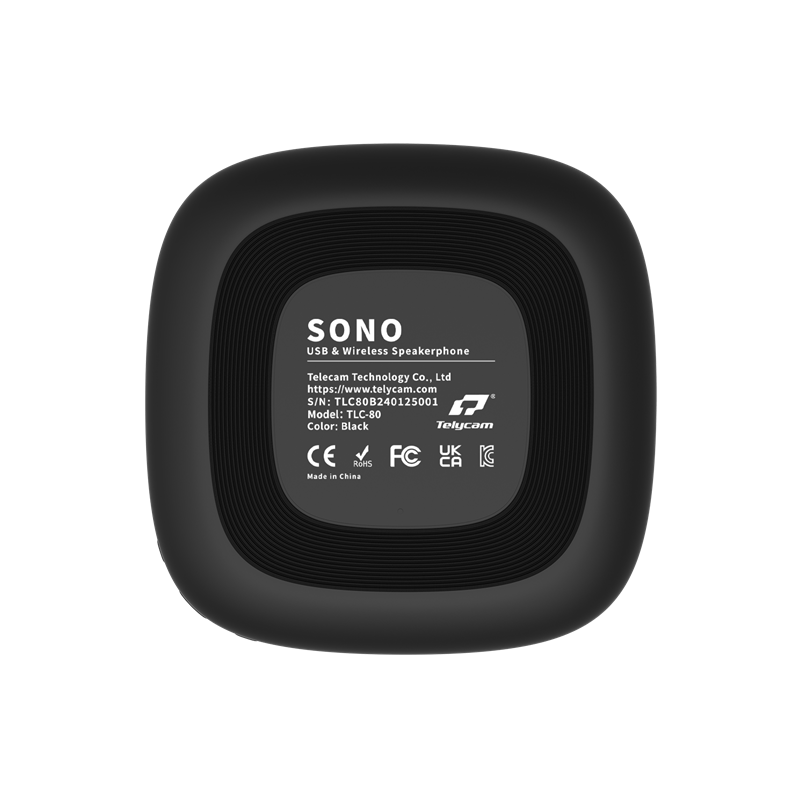 SONO speakerphone back panel with model label and regulatory icons