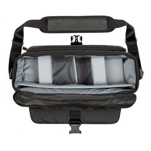 Vision 15 camera bag open top showing padded interior dividers, dark olive/gray
