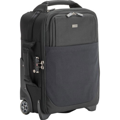 Black rolling camera troller with front zipper pocket, top handle, and wheels