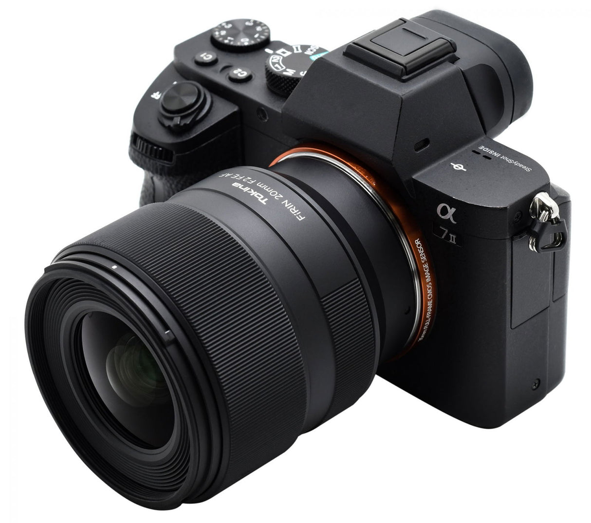20mm f/2 FE AF lens mounted on mirrorless camera, front view