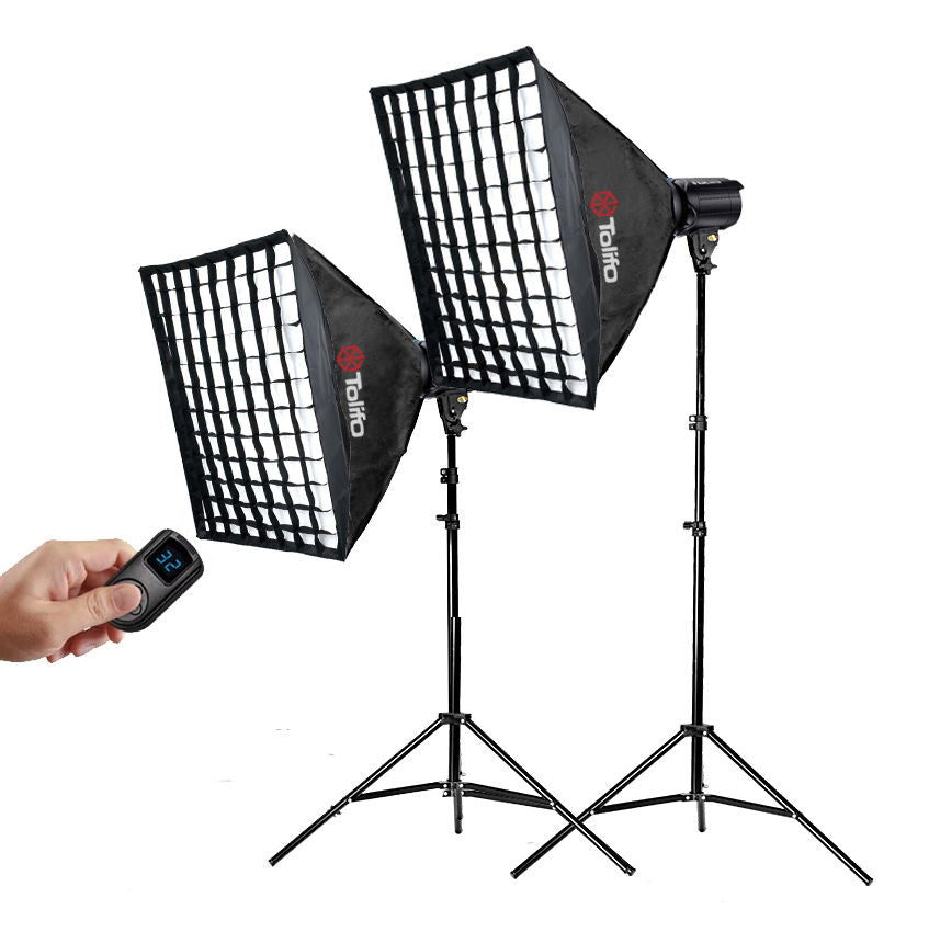 Pair of black LED softbox lights with stands and remote, 60x60 cm diffusers