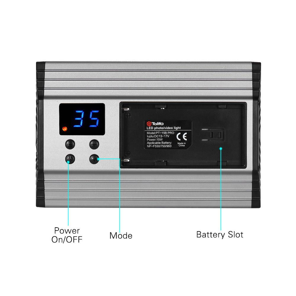 LED panel light back controls with blue 35 display, power and mode buttons