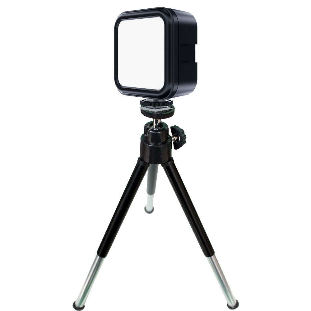 Square LED light on mini tripod with white diffuser, unlit RGB tones