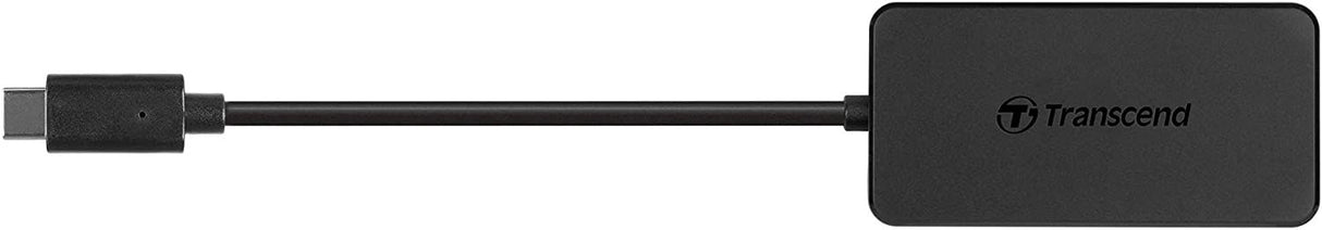 USB‑C connector cable attached to black 4‑port USB hub, Transcend branding