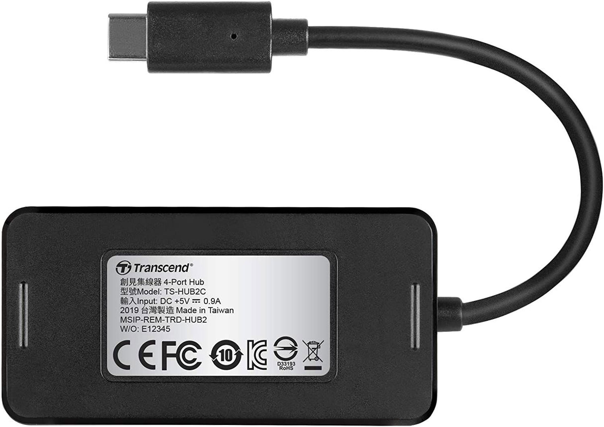 Back label on black USB hub with Type‑C to USB cable loop