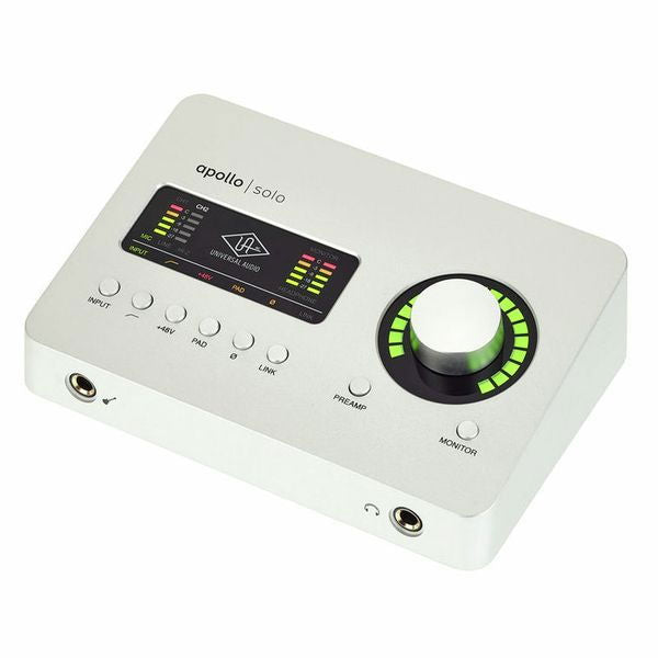 Apollo Solo USB audio interface, angled view with monitor knob and input pad buttons