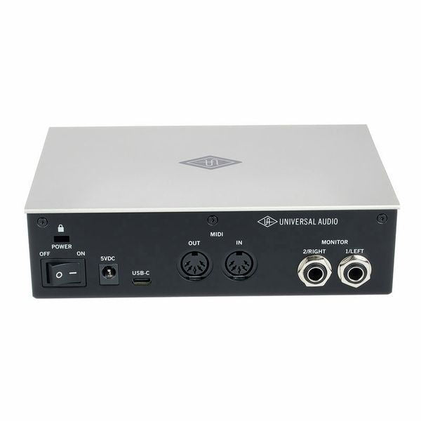 Volt 2 audio interface rear panel with USB-C, MIDI out/in, and monitor left/right jacks