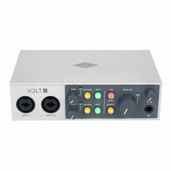 Volt 2 audio interface front controls: gain, Vintage/Inst LEDs, monitor knob, HP output
