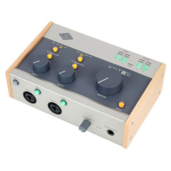 Volt 276 audio interface front panel with gain knobs, buttons, and LED meters