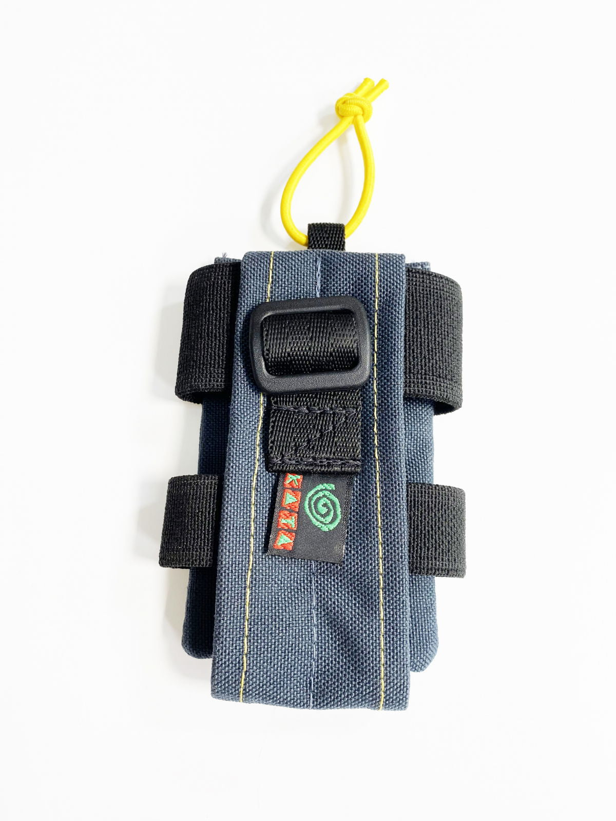 husă telefon din material albastru cu buzunar negru și buclă galbenă