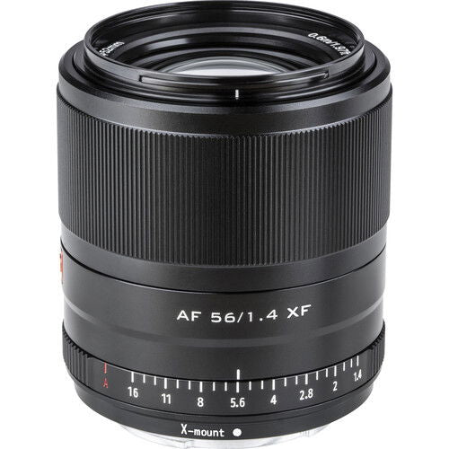 Black 56mm f/1.4 AF lens, front and distance markings with X-mount label