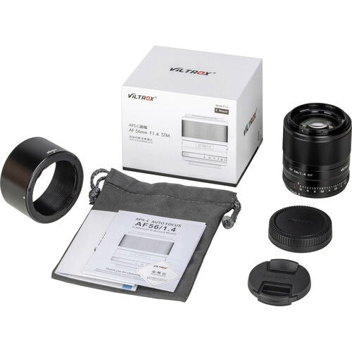 Viltrox 56mm f/1.4 AF lens kit with box, caps, and instruction sleeve