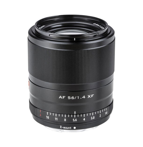 Black 56mm f/1.4 AF lens for Fujifilm X, front glass and ridged focus ring