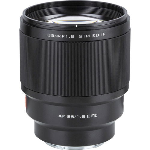 85mm f/1.8 FE II lens for Sony E, three-quarter view, front element visible