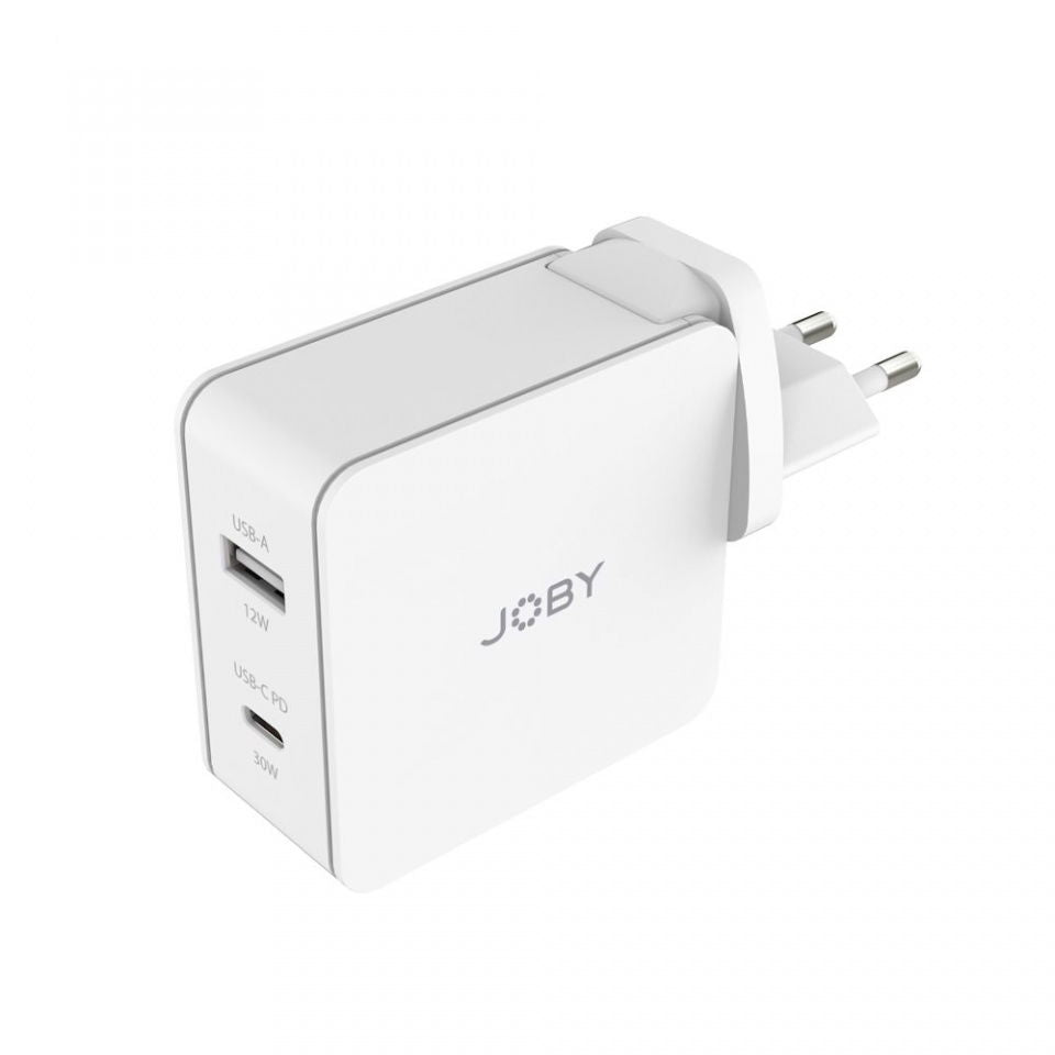 Compact dual-port wall charger in white with USB-A and USB-C PD
