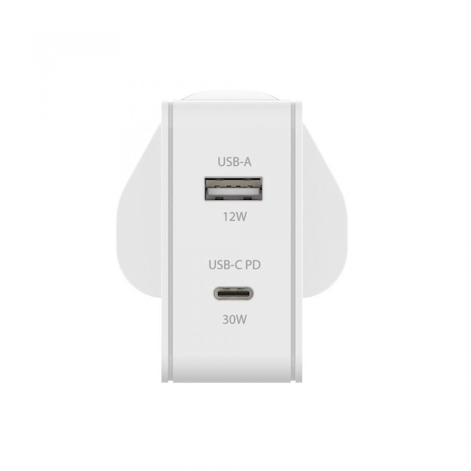 Back view of dual USB wall charger showing USB-A 12W and USB-C PD 30W