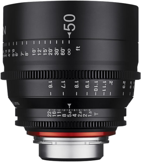 50mm T1.5 cine lens with engraved distance scale and red ring at mount