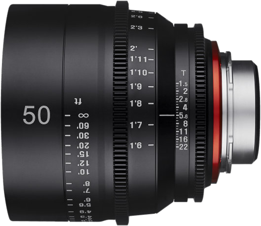 50mm T1.5 cine lens side view with depth scale and control ring