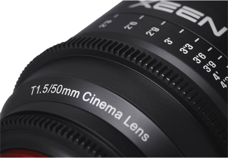 50mm T1.5 Cinema lens text on black barrel with focus markings