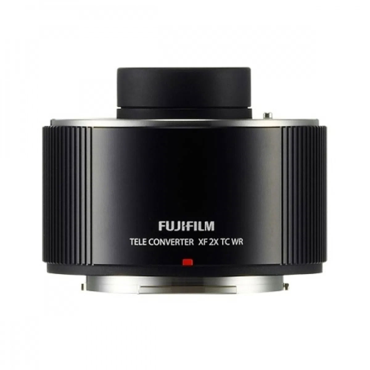 Black XF 2X TC WR teleconverter, front view, ridged grip