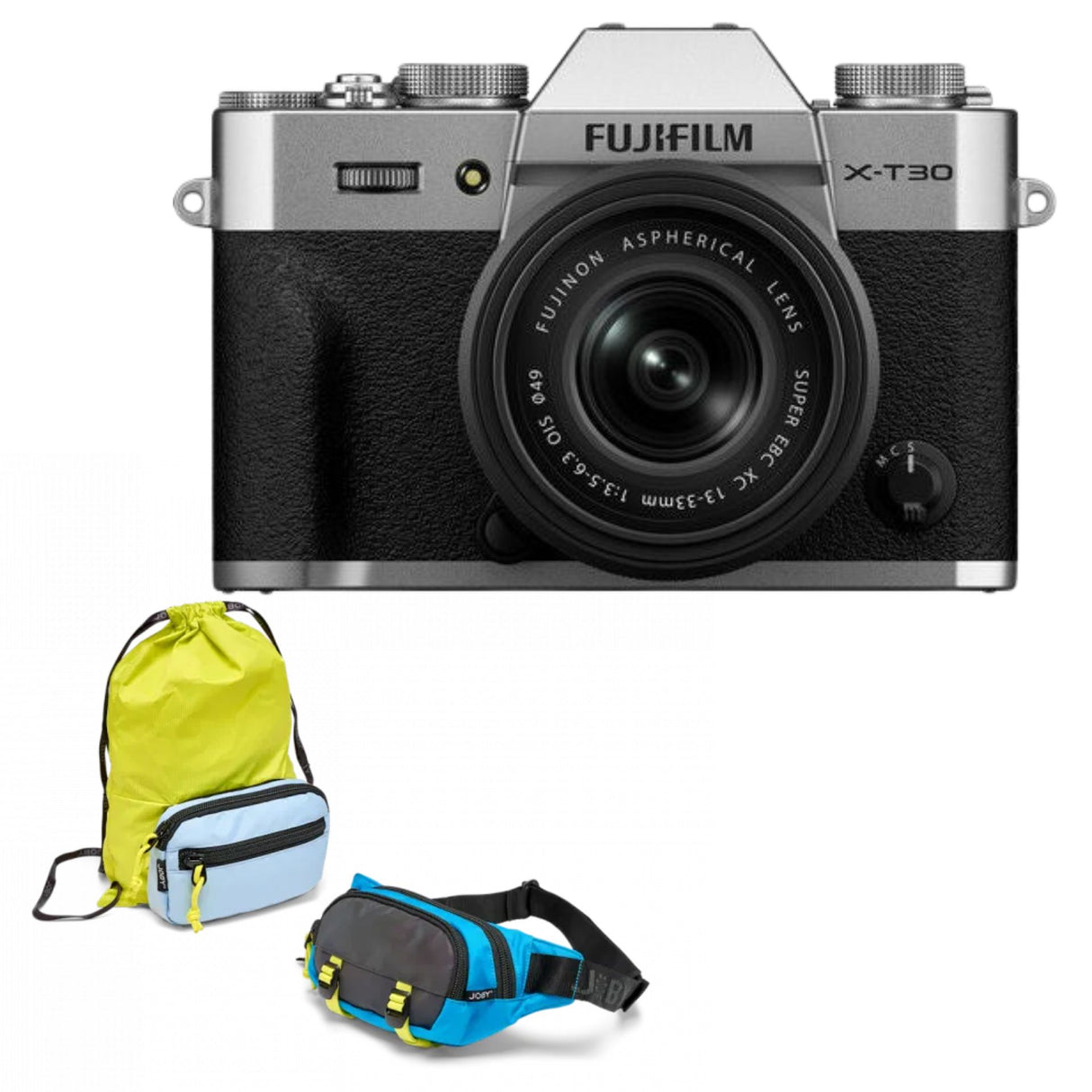 Aparat foto Fujifilm X-T30 III argintiu cu obiectiv și rucsac verde, geantă albastră