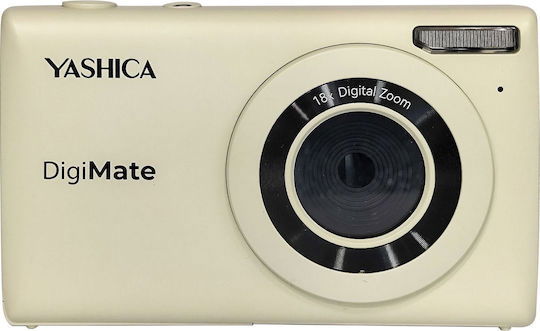 Off-white compact digital camera with front lens and top textured shutter button