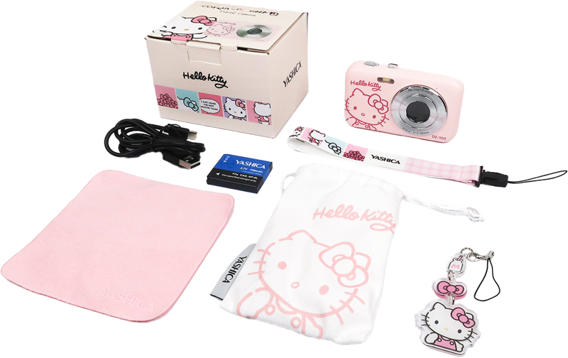 Hello Kitty pink digital camera kit with box, pouch, strap, and accessories