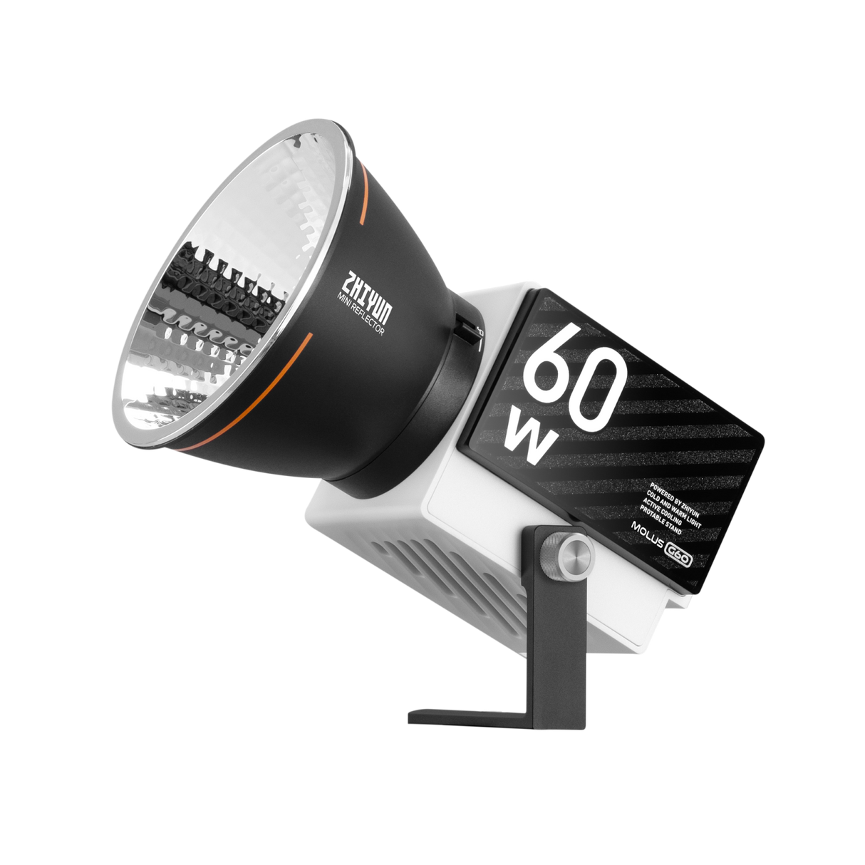 LED 60W light with mini reflector head, mount and front display visible