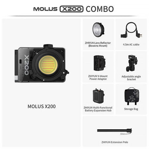 Set iluminare LED COB, cu adaptor, baterie, husă și pol extensibil prezentate