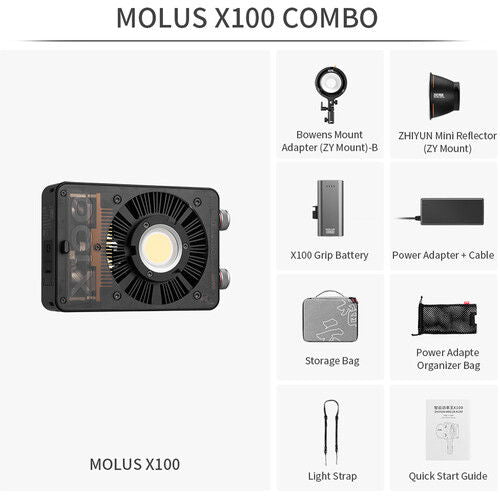 Set MOLUS X100 COMBO: lampă LED, accesorii, husă și cabluri prezentate grafic