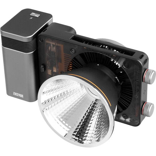 Proiector LED portabil cu acumulator gri și reflector argintiu, carcasă neagră