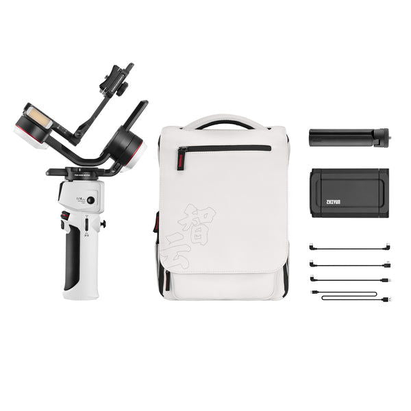 3-axis gimbal kit with white carrying pouch, case, and black mounting accessories