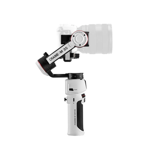 White 3-axis gimbal side view with camera mount and dark grip handle