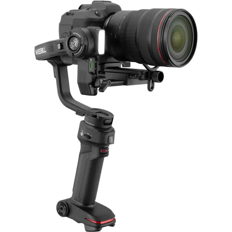 Stabilizator cu LED și microfon integrat, cameră neagră cu obiectiv lung