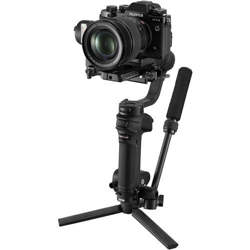 Handheld camera gimbal with top controls, lens mount and side handle grips