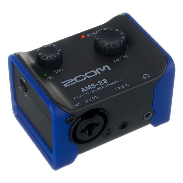AMS-22 audio interface angled view with MIC/GUITAR and LINE IN labels