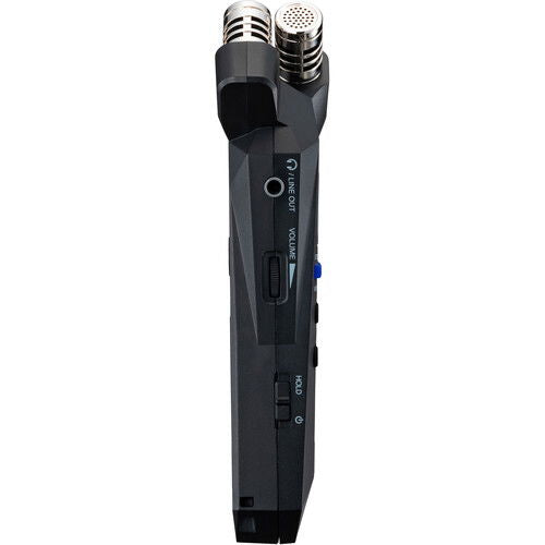 Reportofon audio portabil negru, mufă căști și porturi laterale, microfoane metalice