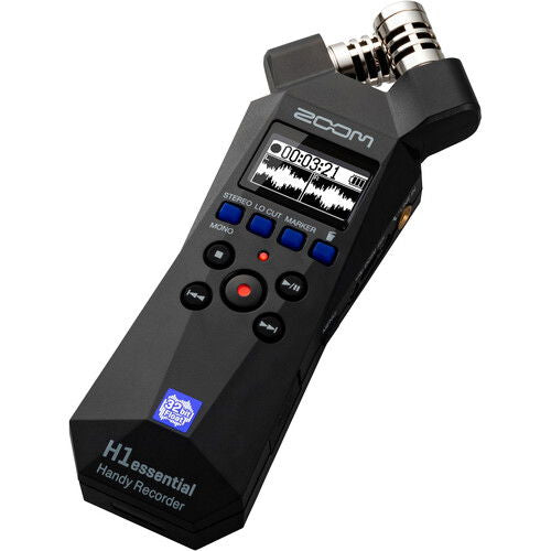 Reportofon audio portabil negru cu ecran LCD, comenzi rotunde și microfoane metalice