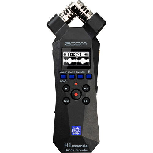Reportofon audio portabil negru, afișaj LCD, butoane și mufe microfon metalice