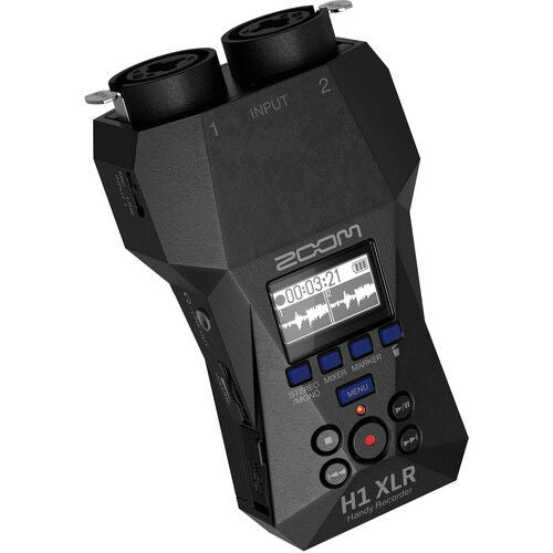 H1 XLR recorder with LCD screen, blue buttons, and side panel input controls