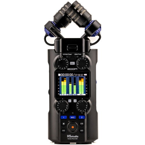 Handheld audio recorder with dual microphones, waveform screen, and front control dials
